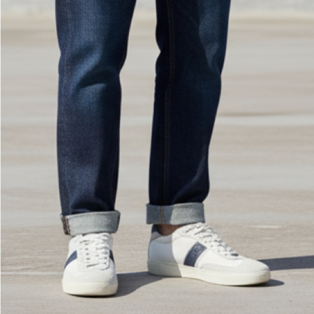 PRADA Mens Leather White Blue Striped Sneakers Shoes